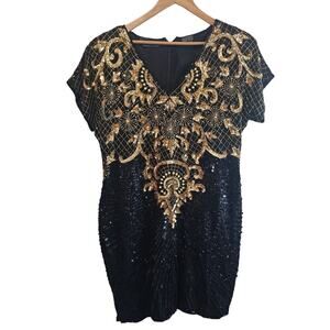 Vintage Jewel Queen Silk Dress Women XL Black Sequin 80s Beaded Glam Whimsygoth